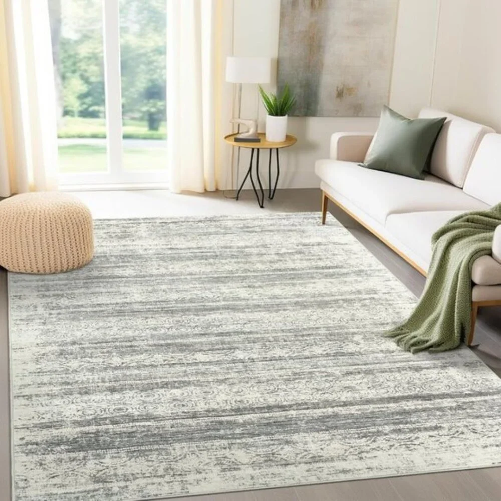 New 8x10 Modern Abstract Rug, Washable Non-Slip Stain-Resistant Carpet in Grey